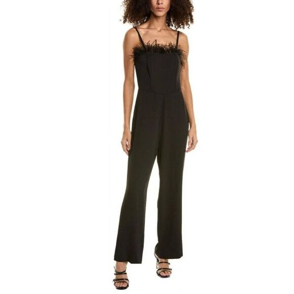Nicole Miller Women Black Jumpsuit With Ostrich Feather Trim Size 10 - Picture 1 of 14